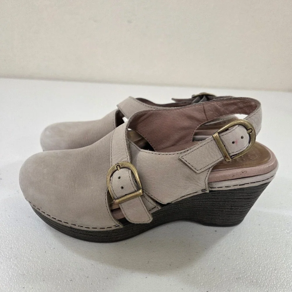 Dansko Taupe Leather Slingback‎ Wedge Clogs Buckle Strap Shoes Womens 36